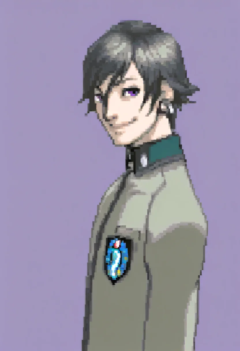 masterpiece, best quality, solo, looking at viewer, 1boy, <lora:Ace-Attorney-Portraits-illus_Fp:1>, portrait, upper body, pixel art, simple background, <lora:Naoya-illus_Fp:1>, naoyap1, black hair, purple eyes, school uniform, emblem, single earring, smile, from side,