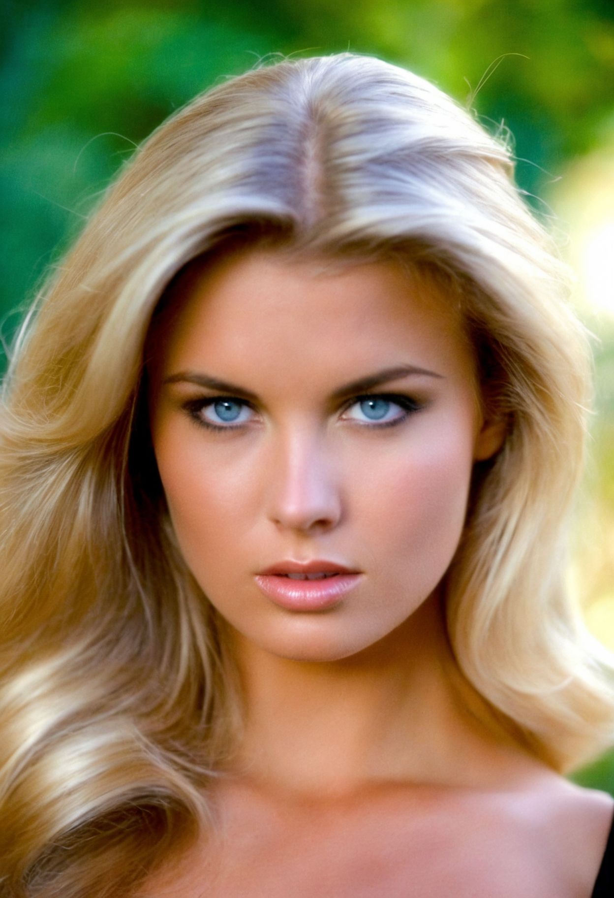 ((face closeup)) photo analog curvy Kisa blonde woman outdoors, (provocative expression, hair glow), glossy lipstick, blue eyes, vegetation, (soft focus, depth of field), ((looking at viewer, film grain)) <lora:EuroBabe-v4-XL:0.7>