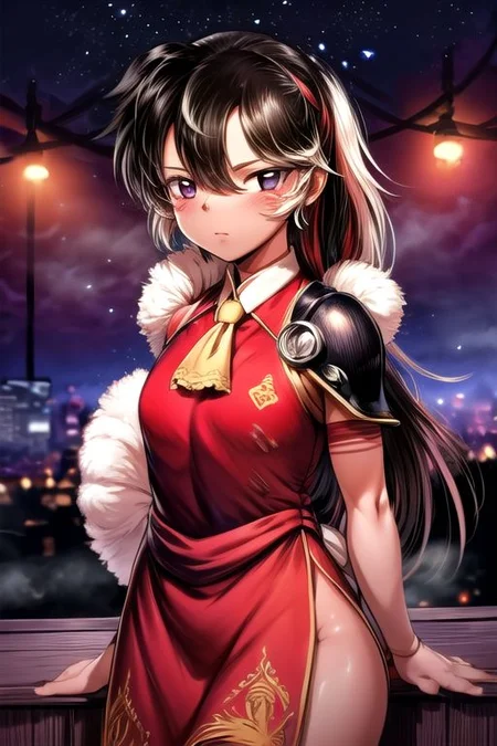 best quality 1girl Setsun4 solo long hair, (night time) forest background black hair very long hair purple eyes multicolored hair armor, small, (fur trim) (medium body),<lora:EMS-179-EMS:0.800000>,<lora:EMS-293862-EMS:0.800000> bow, hair_bow, hair_tubes, red_bow, brown_hair, long_hair, bangs, ascot, frilled_bow, yellow_ascot, blush, smile, hair_between_eyes, athletic, armor, miko, ,(((intricate outfit,intricate clothes,embroidered outfit,ornate outfit,embroidered clothes,ornate clothes))), strengthmda, crossed arms,