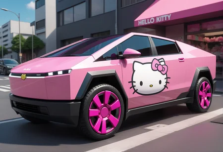 kawaii pink cbrtk car , hello kitty<lora:Object_Cybertruck-SDXL:0.5> high detail, best quality, 8k resolution