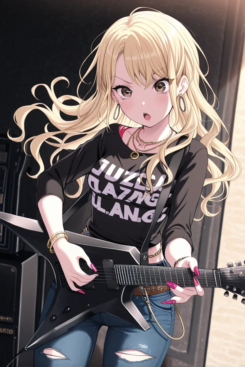 masterpiece, best quality, amazing quality,
<lora:Touko_IL:1> touko, 1girl, blonde hair, instrument, jewelry, jeans, pants, guitar, torn clothes, long hair, solo, brown eyes, torn pants, bracelet, denim, earrings, necklace, open mouth, gyaru