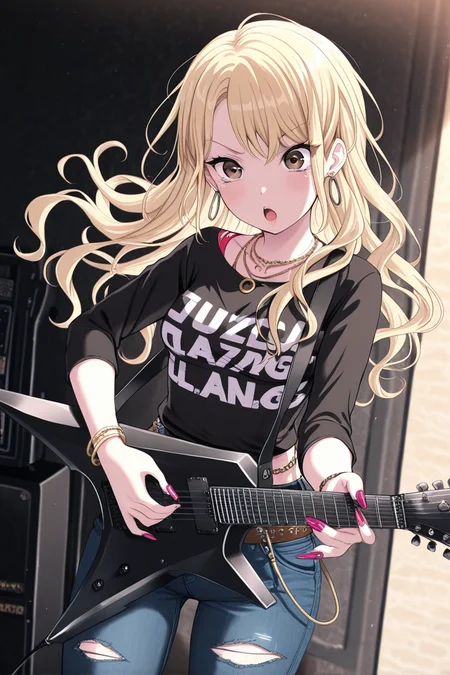 masterpiece, best quality, amazing quality,
<lora:Touko_IL:1> touko, 1girl, blonde hair, instrument, jewelry, jeans, pants, guitar, torn clothes, long hair, solo, brown eyes, torn pants, bracelet, denim, earrings, necklace, open mouth, gyaru