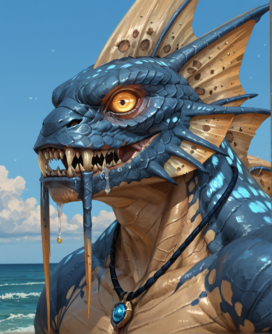 safe_pos, score_9, score_8_up, score_7_up, score_6_up, masterpiece, high quality, realistic, detailed, best quality, rating_explicit, source_furry, 1boy, solo, male, anthro,
portrait, necklace, close up, upper body, drooling, saliva strand, ocean background,
Ankoan, jinyu, anthro, monster, sharp teeth, scales, muscular, fins,  glowing eyes, glowing, colored sclera, (tailless),
<lora:Ankoan for PonyXL:0.7>,  <lora:honovy-20:0.3>, <lora:1dkXLP:0.25>, <lora:Fant5yP0ny:0.3>
