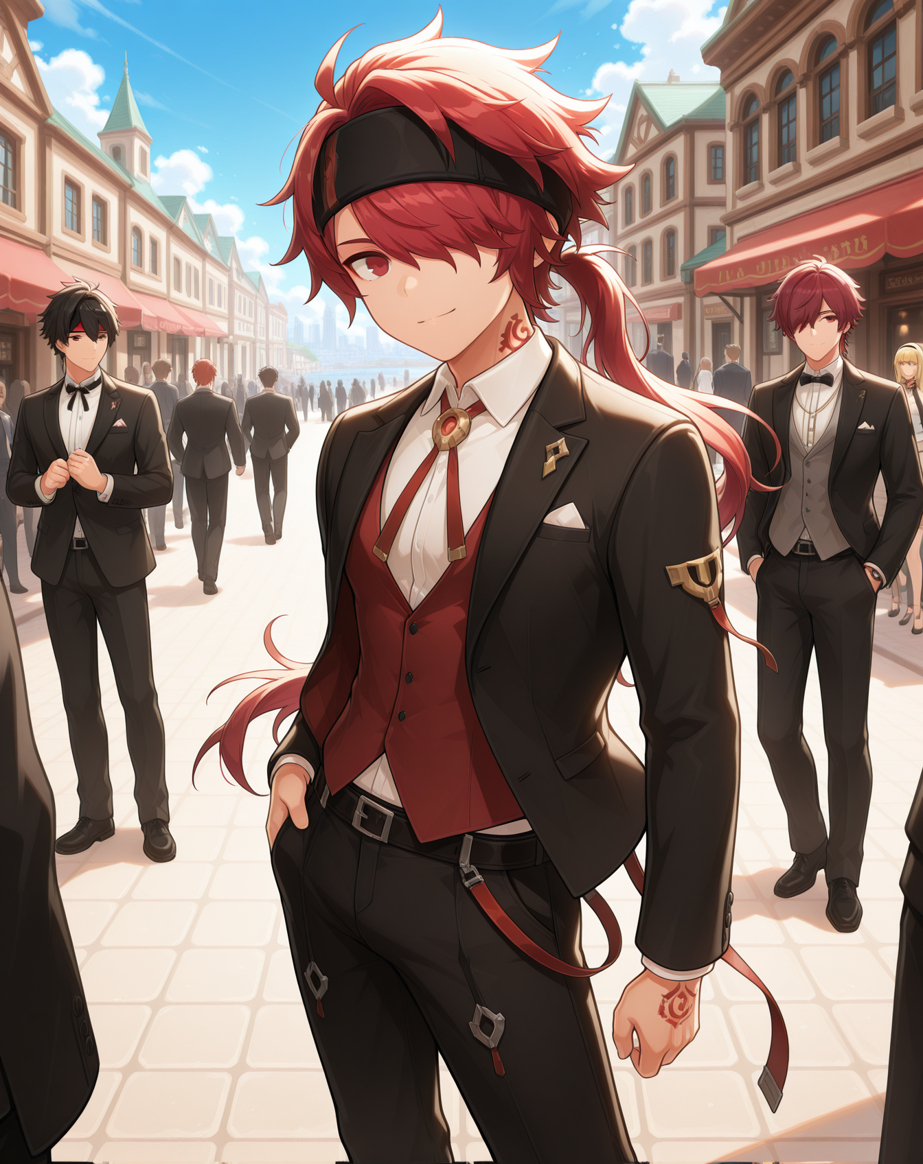masterpiece,best quality,amazing quality, newest, very aesthetic, absurdres,
1boy, solo, yaoi, male focus, looking at viewer, cowboy shot, standing,
<lora:Elsword_Rune_Master_ilxl:1> elswordrm, red hair, long hair, tattoo,red eyes, ponytail, headband, hair over one eye, hairband,
formal, tuxedo, neck ribbon, white shirt, collared shirt, black pants, shoes, black footwear, suit jacket, black jacket,
outdoors, day, blue sky, building, people,