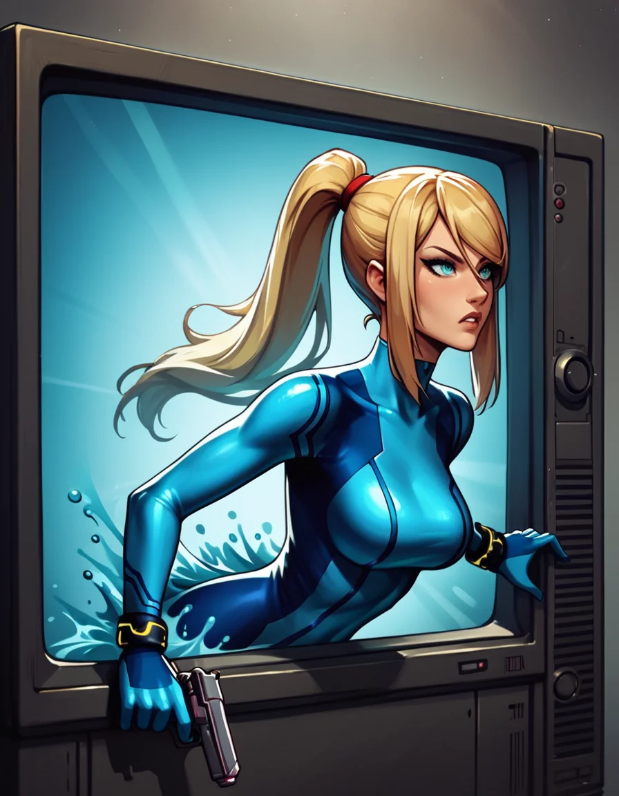 score_9, score_8_up, score_7_up, <lora:ThroughScreenPony:0.8>, throughscreen, source_anime, 1girl, samus aran, blue body suit, holding gun, upper body,, tv, stuck, from the side,