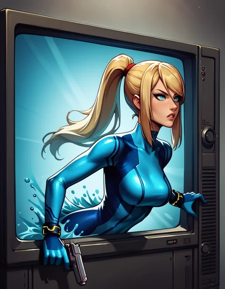 score_9, score_8_up, score_7_up, <lora:ThroughScreenPony:0.8>, throughscreen, source_anime, 1girl, samus aran, blue body suit, holding gun, upper body,, tv, stuck, from the side,