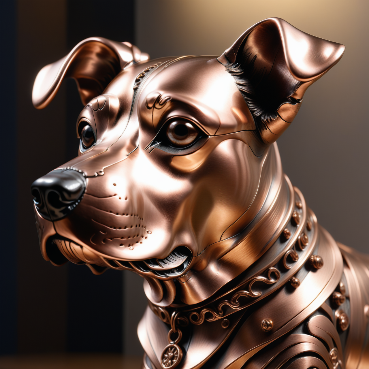 a dog made out of Jed-ANC, masterpiece, full of details, ambient light, sharp and in focus,  <lora:ArtNouveauCopperStyle:0.7>