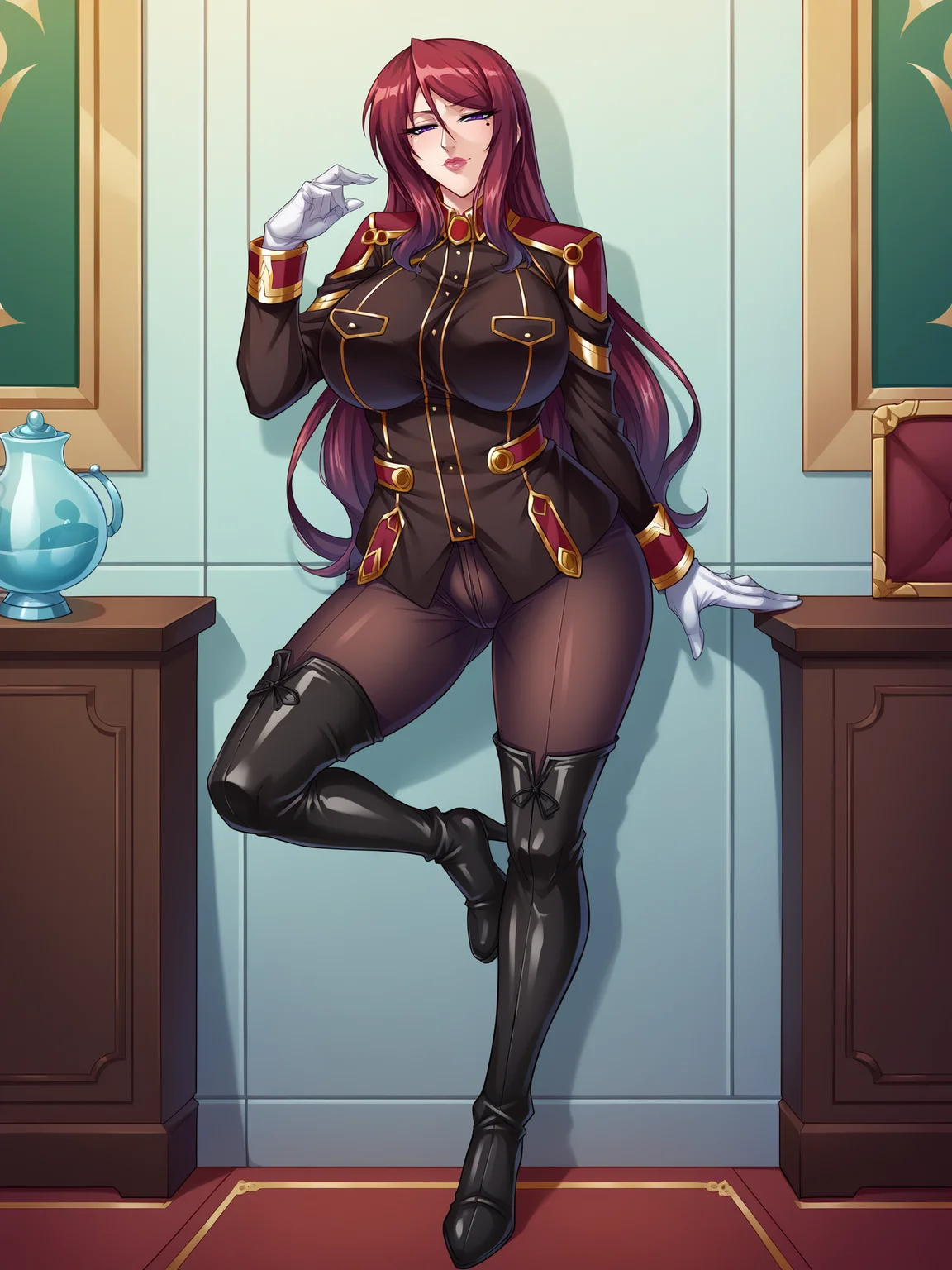 score_9, score_8_up, score_7_up, score_6_up, uncensored, BREAK,
beatrice kushan is leaning back, leaning on wall, standing on one leg, (full body:1.1),
1girl, mature female, solo,
looking at viewer, half-closed eyes, chilling, closed mouth,
long hair, purple eyes, lipstick, lips, (mole under eye:0.9),
military uniform, brown pants, thigh boots, white gloves,
curvy, large breasts, thighs,
indoors, luxury room, portrait \(object\) with king, renaissance,
<lora:Beatrice Kushan3216PDXL:1>