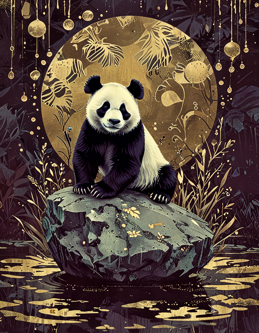 panda on a floating rock with bubbles  novuschroma15 style <lora:novuschroma15 style:1> <lora:novuschroma27 style:0.5> novuschroma27 gold foil  <lora:sdxl_lightning_8step_lora:1>