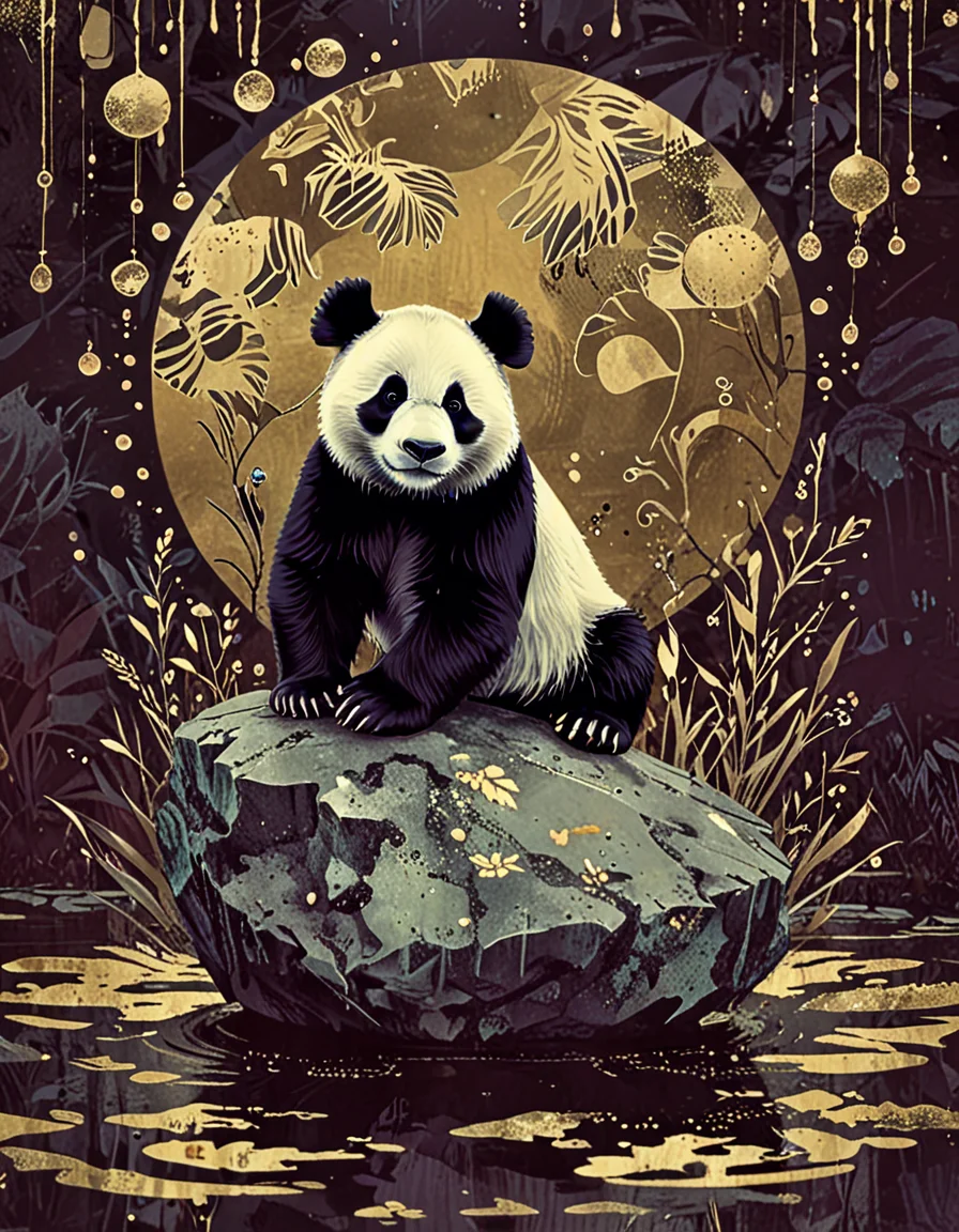 panda on a floating rock with bubbles novuschroma15 style <lora:novuschroma15 style:1> <lora:novuschroma27 style:0.5> novuschroma27 gold foil <lora:sdxl_lightning_8step_lora:1>
