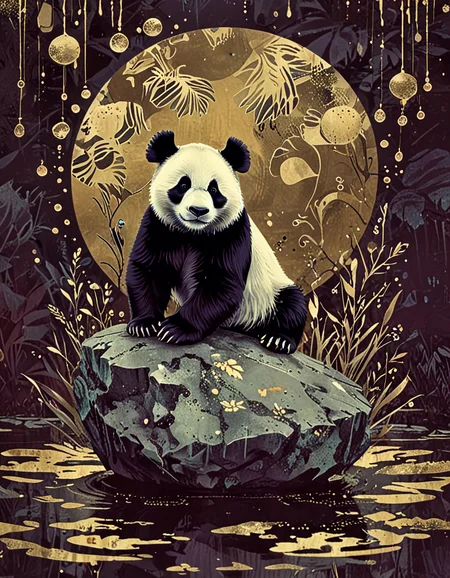 panda on a floating rock with bubbles novuschroma15 style <lora:novuschroma15 style:1> <lora:novuschroma27 style:0.5> novuschroma27 gold foil <lora:sdxl_lightning_8step_lora:1>