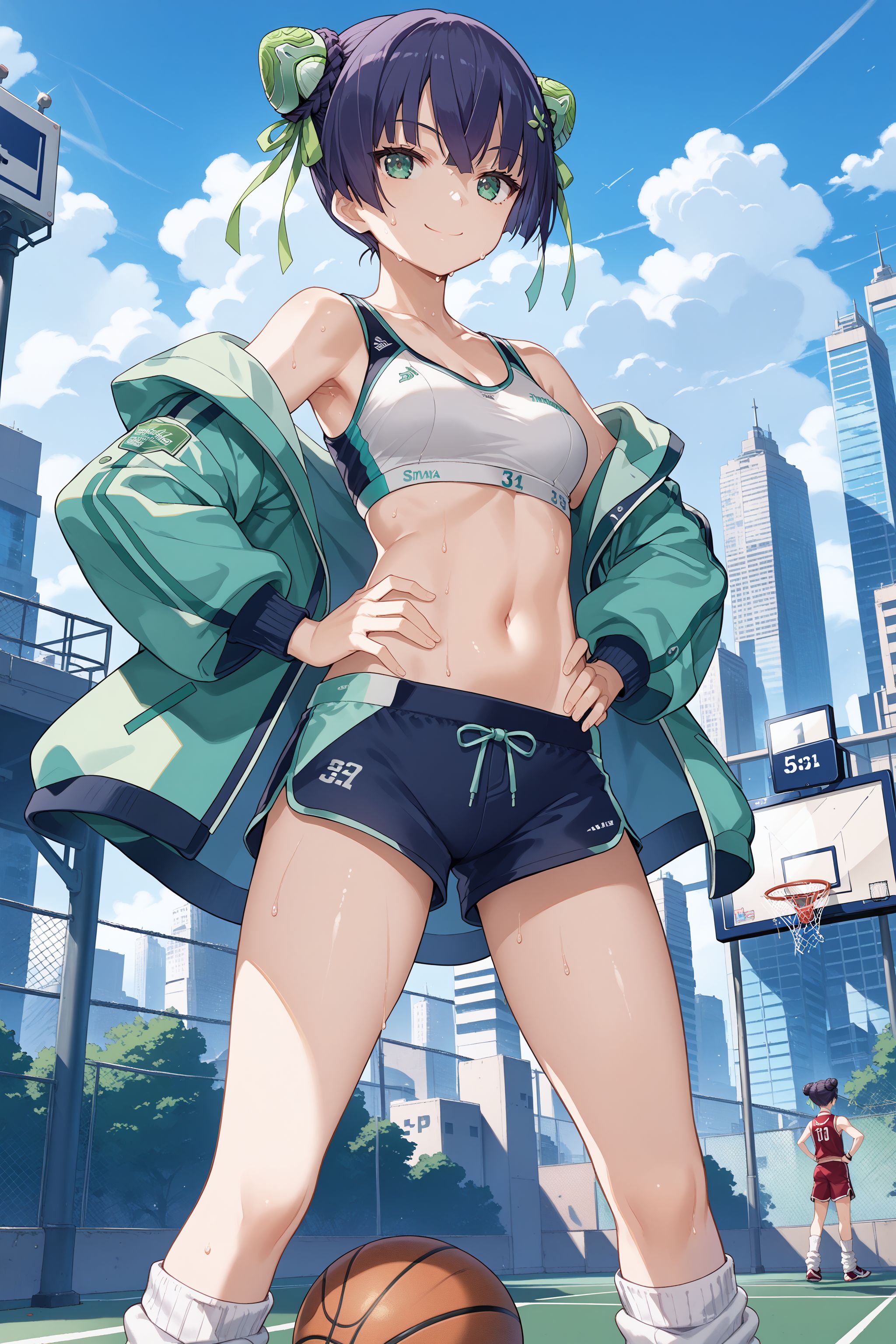 score_max, (score_9, score_8_up, score_7_up:1.0), score_6_up, official art,
, masterpiece, absurdres, high detail, 8k,
city, basketball coat, basketball goal, chain-link fence, blue sky, skyscraper, cowboy shot,
standing, legs apart, leaning to the side, hands on hip, index finger raised, ball on finger, smile, sweat,
ddphikari, double bun, bun cover, hair ornament, green ribbon, cropped jacket, sport bra, navel, short shorts, loose socks, sneakers,
<lora:XL_Pony_gomaotsu-hikari-t1:0.9>