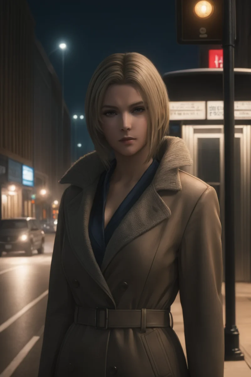 masterpiece,highres,realistic,1girl,benedikta_harman,<lora:benedikta_sdxl_V1:0.65>,upper body,looking at viewer,long_coat,phone booth,downtown,street,road_sign,lamppost,night,