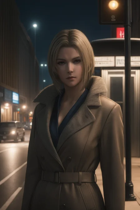 masterpiece,highres,realistic,1girl,benedikta_harman,<lora:benedikta_sdxl_V1:0.65>,upper body,looking at viewer,long_coat,phone booth,downtown,street,road_sign,lamppost,night,
