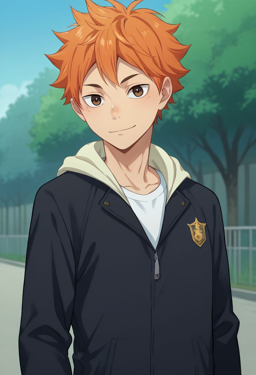 score_9, score_8_up, score_7_up, source_anime, highly detailed, 
hinata, 1boy, male focus, solo, orange hair, brown eyes, upper body, smile, looking at viewer, jacket, black jacket, open cloth, hoodie, hood, school uniform, slender, skinny, 
outdoor,