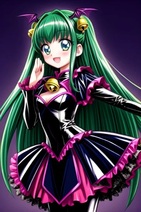 Bad_End_Precure, DarkPrecure, evil corrupted princess wearing dark pastel (ruffled:1) (gleaming latex:1) gown with (long latex vampire cloak:1) and (long frilly bell sleeves), soft lighting, ruffles, (cute fang:1)
(vmpr:1),
<lora:more_details:1>,