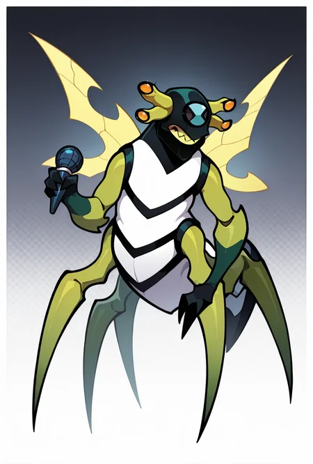 <lora:stinkfly-07:1> stinkfly, solo, no humans, monster, bug, yellow insect wings, pokemon (creature),black gloves, green arms , sharp teeth, arthropod legs, 4 legs,  antennae, tail <lora:17bucks_Style_Illustrious:1> 17bucks, gradient color, 2d, standing, holding microphone, full body ,, masterpiece, best quality, amazing quality, very aesthetic, absurdres, newest,, upper body, halftone effect, white borders, abstract background:1.2,