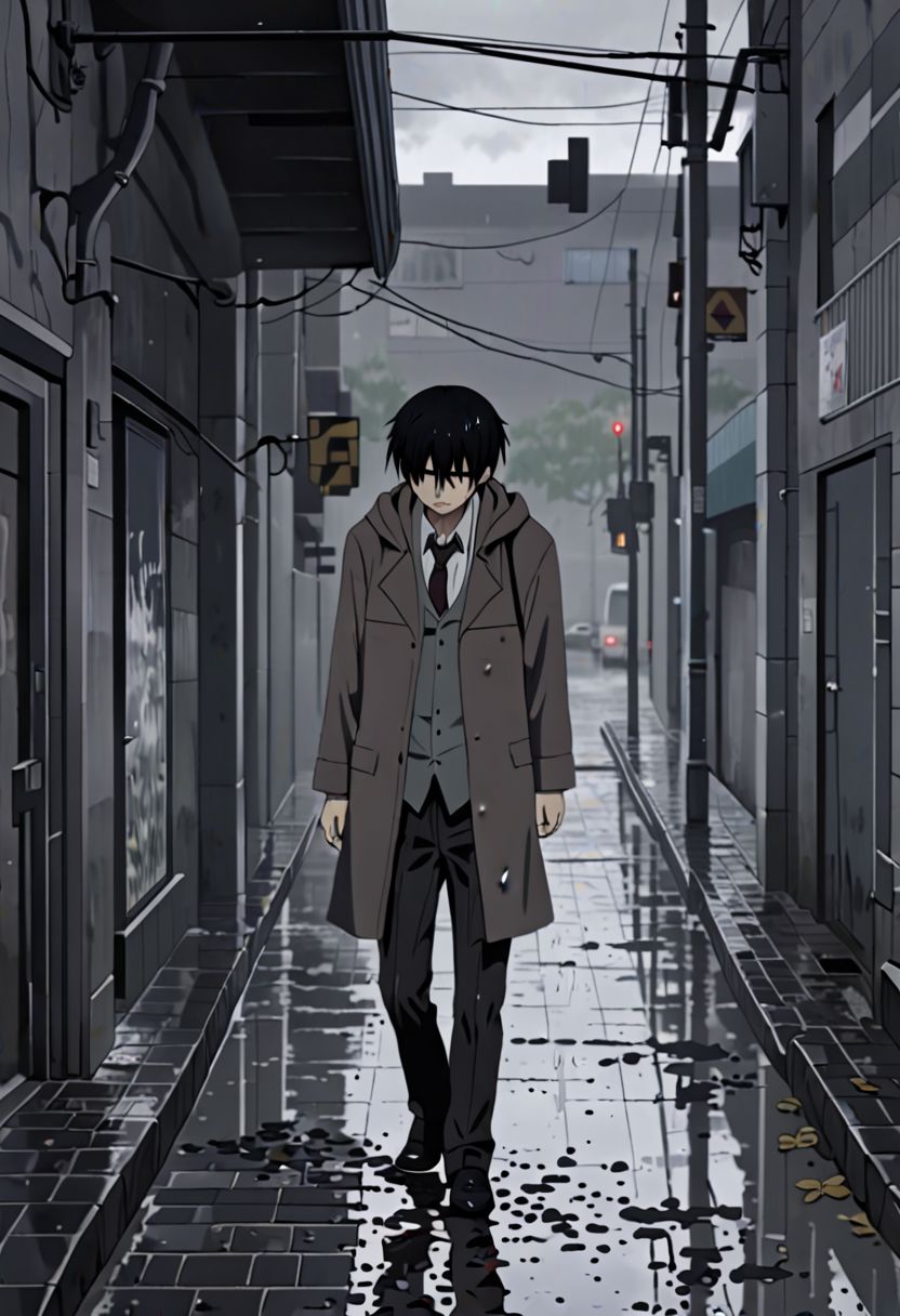 Highres, Masterpiece, High Quality, 4K, 8K, solo, 1Boy, Takaki Toono, adult, black hair, short hair, footpath, urban, wet, slippery, puddle, heavy rain, overcast, dark, drenched, weak, beaten, looking down, sad, helpless, carelessm heartless, wet hair, withered plants, easynegative, detailed_eye_model