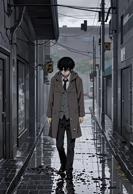 Highres, Masterpiece, High Quality, 4K, 8K, solo, 1Boy, Takaki Toono, adult, black hair, short hair, footpath, urban, wet, slippery, puddle, heavy rain, overcast, dark, drenched, weak, beaten, looking down, sad, helpless, carelessm heartless, wet hair, withered plants, easynegative, detailed_eye_model