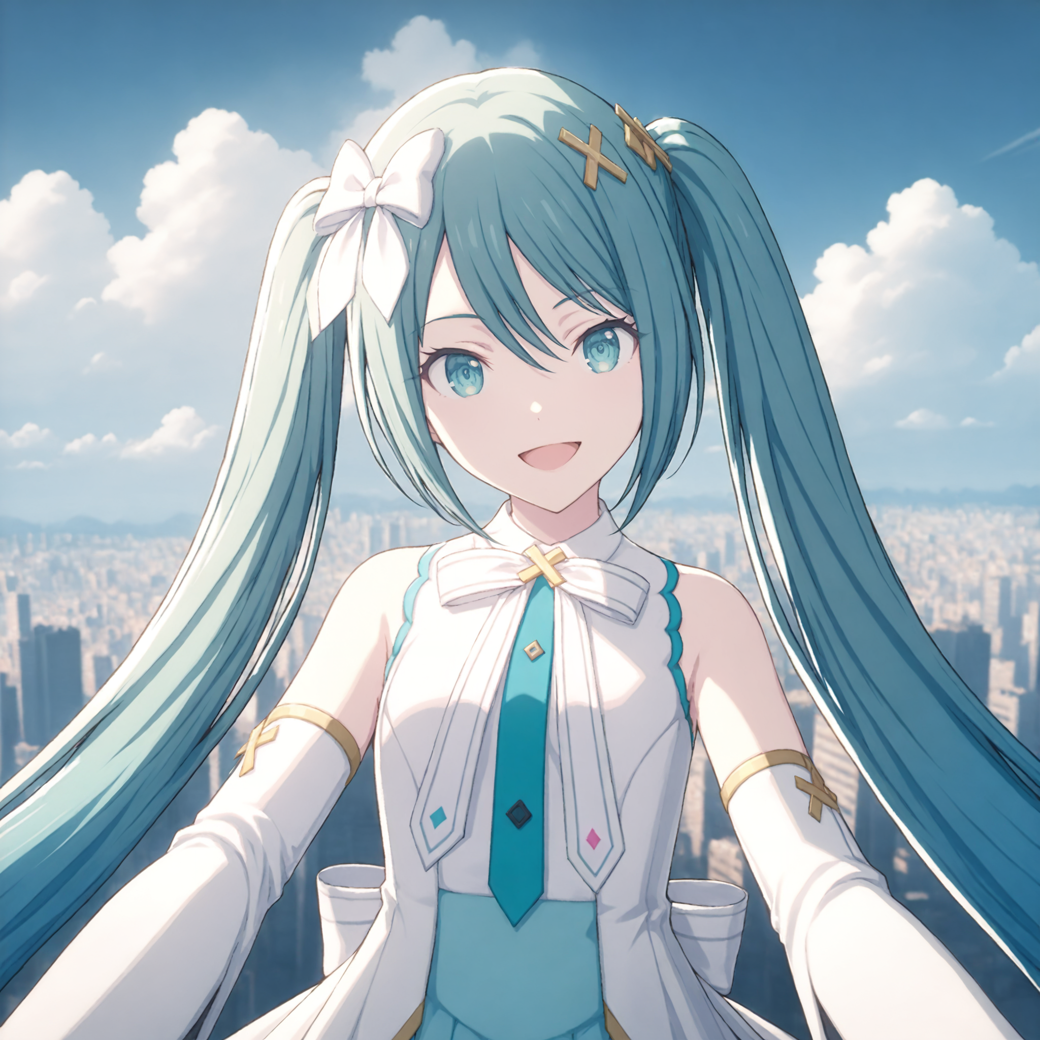 masterpiece, high score, great score, absurdres, official art,  
1girl, (hatsune miku:0.2), project sekai, solo,
openedmeets, very long hair, twintails, aqua hair, aqua eyes,
(looking at viewer:1.4), :D, outstretched arms:1.2, outstretched fingers, four fingers and thumb, (portrait:1.4),
white thighhighs, hair ornament, aqua dress, white bow, frilled dress, white dress, aqua necktie, bare shoulders, shoulder cutout, pleated dress, bowtie, detached sleeves, white sleeves, frills, borrowed design, hair bow, zettai ryouiki, ribbon, x hair ornament, sleeveless dress, aqua skirt, neck ribbon, clothing cutout, coat, cloud, long sleeves, gold trim, hair ribbon, 
beautiful blue sky, cumulonimbus, group of buildings, cityscape, Overlooking the cityscape, scenery, depth of field, 
 <lora:xl40-vs-OpenMeets02:0.6>