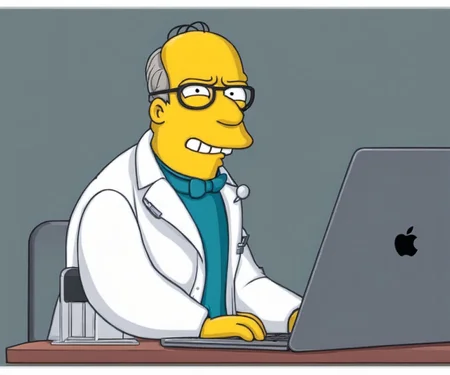 An evil genius wearing a lab coat is working on an Apple MacBook laptop, simpstyle <lora:SDXL-simpstyle-Lora:1>, Very detailed, clean, high quality, sharp image