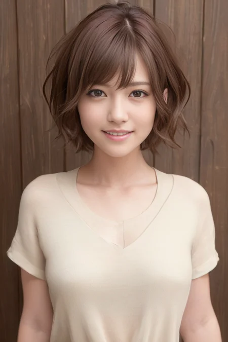 (1girl), (best quality), (masterpiece), (high resolution), (intricate details), (photorealistic), (cinematic light), <lora:short_hair:0.3>
solo, realistic, short hair, brown hair, looking at viewer, smile, shirt, brown eyes, piercing, upper body, teeth, white shirt