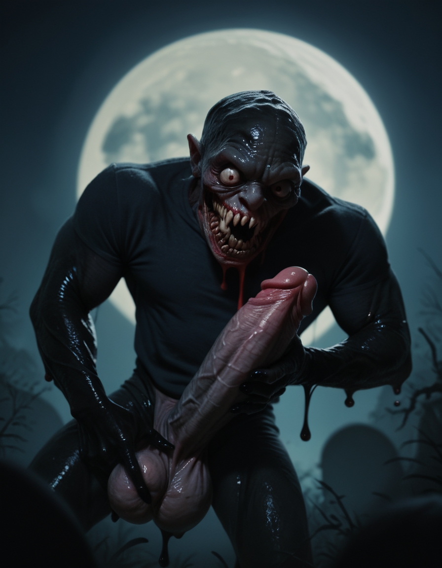 score_9, score_8_up, dramatic, scary, horror, monster, slime, sharp teeth, night, full moon, huge cock, squeezing balls, holding cock