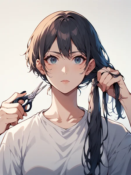 score_9, score_8_up, score_7_up, score_6_up,   <lora:cuth41r2:1> cutting hair, cuth41r, haircut, cut off hair, cutting hair, holding hair, holding scissors, 1girl, long hair, ponytail,