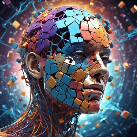 Human anatomy, fragmented body parts, 3d cube fragmentation of body, cubes and orbs breaking off face, cgi surreal masterpiece, vibrant colors, rim lighting, mechanical fragmentation, biosphere decomposition, high detail, floating parts, detailed cosmic background, fractal art, galaxy light vision, 16k, Astral concept art, sharp lines