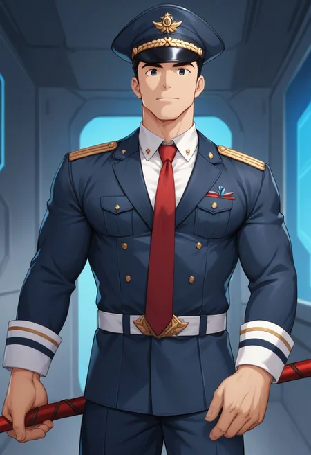 indoors, spaceship, science fiction, male focus, 1boy, solo, posing, holding staff, military uniform, muscular, peaked cap, red necktie, looking at viewer
zPDXL3, score_9, score_8_up, score_7_up, (detailed, perfect anatomy, masterpiece, high quality, best quality) 1boy, male, male focus, solo, mature, black hair, short hair, black eyes, muscular, large pectorals, large biceps.