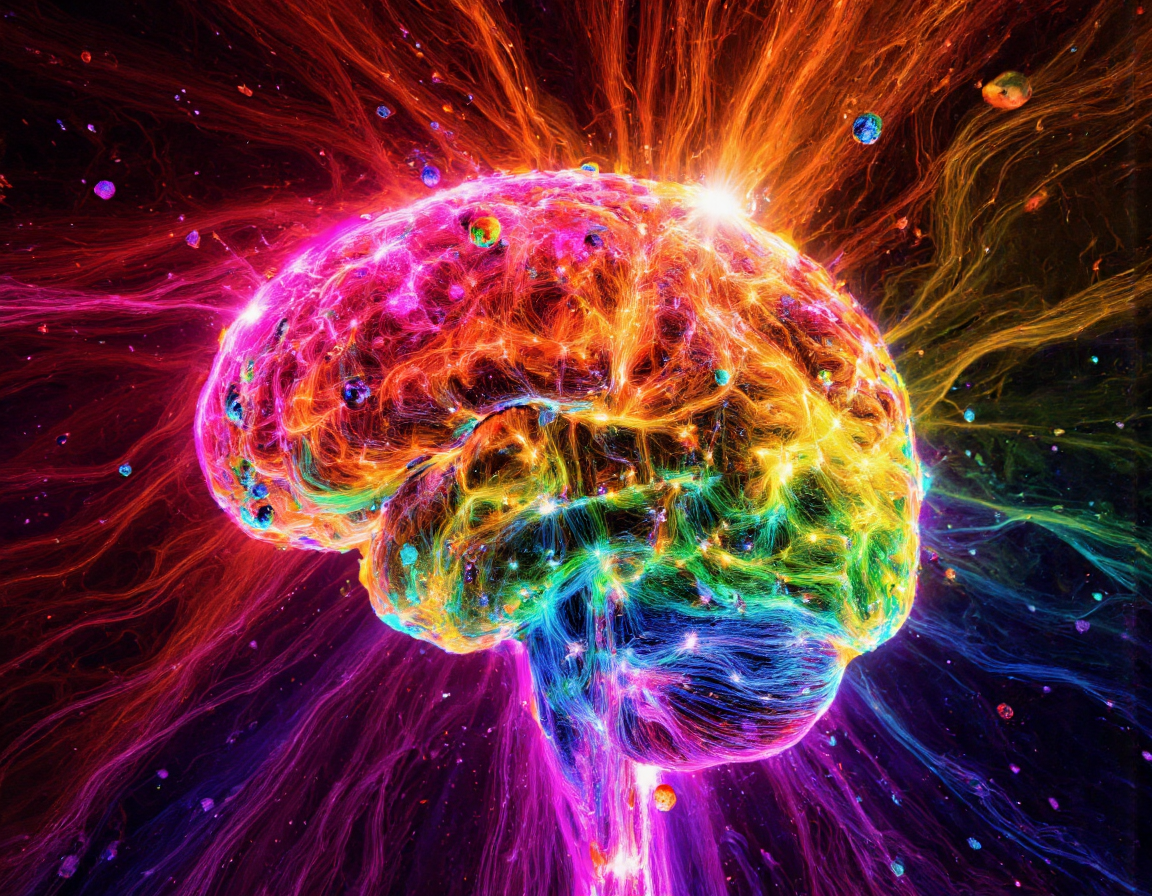 <lora:{psychedelic, }psychedelic-000018:0.8> psychedelic, A vibrant, psychedelic depiction of a human brain. The brain is a swirling mass of colors, a kaleidoscope of rainbow hues including pinks, oranges, yellows, blues, and purples.  It's not a strictly anatomically correct representation; instead, the folds and textures suggest a mind bursting with energy and creativity.  Small, colorful spheres and glistening orbs float around the brain, as if part of a cosmic nebula.  Energy streams, like vibrant, glowing nebula rays, emanate outward from the brain in a hypnotic way, creating a sense of interconnectedness and a vast, expansive cosmic backdrop. The background is filled with swirling, flowing lines and patterns of light, creating a sense of otherworldly movement. The overall aesthetic is dreamlike and transcendental, combining elements of hyperrealism with a strong sense of vibrant, intense color. Impassioned use of color and visual dynamism to express the creative potential of the human mind. . 35mm photograph, film, bokeh, professional, 4k, highly detailed
