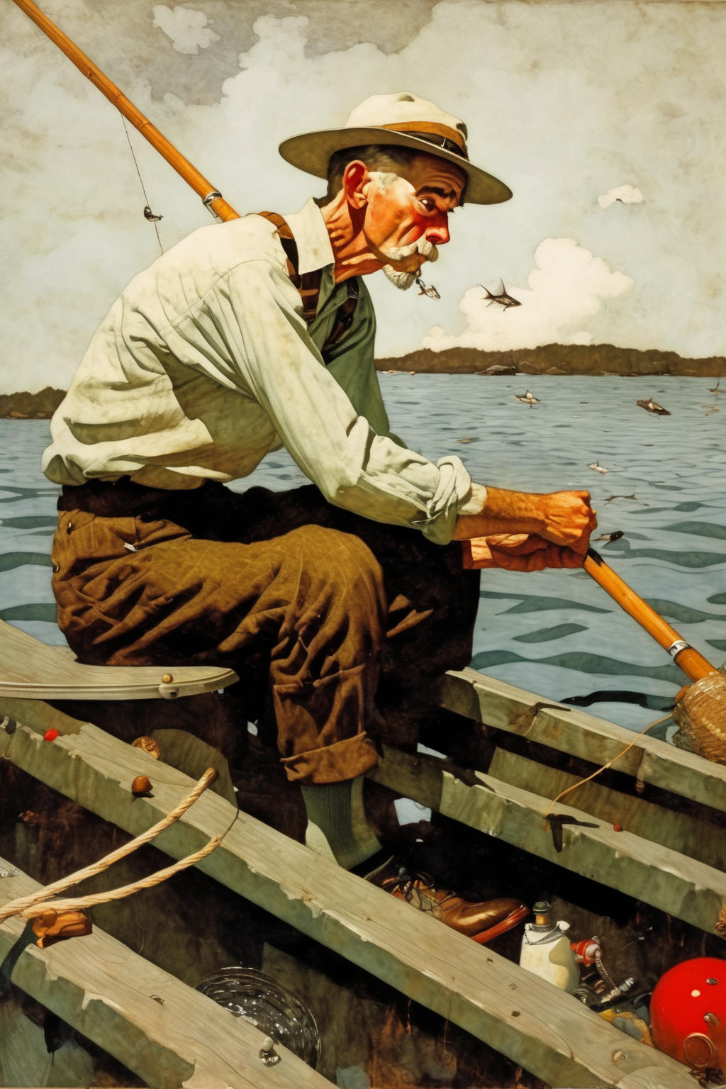<lora:Winslow Homer Style:1>Winslow Homer Style - norman rockwell painting of a man fishing on a boat