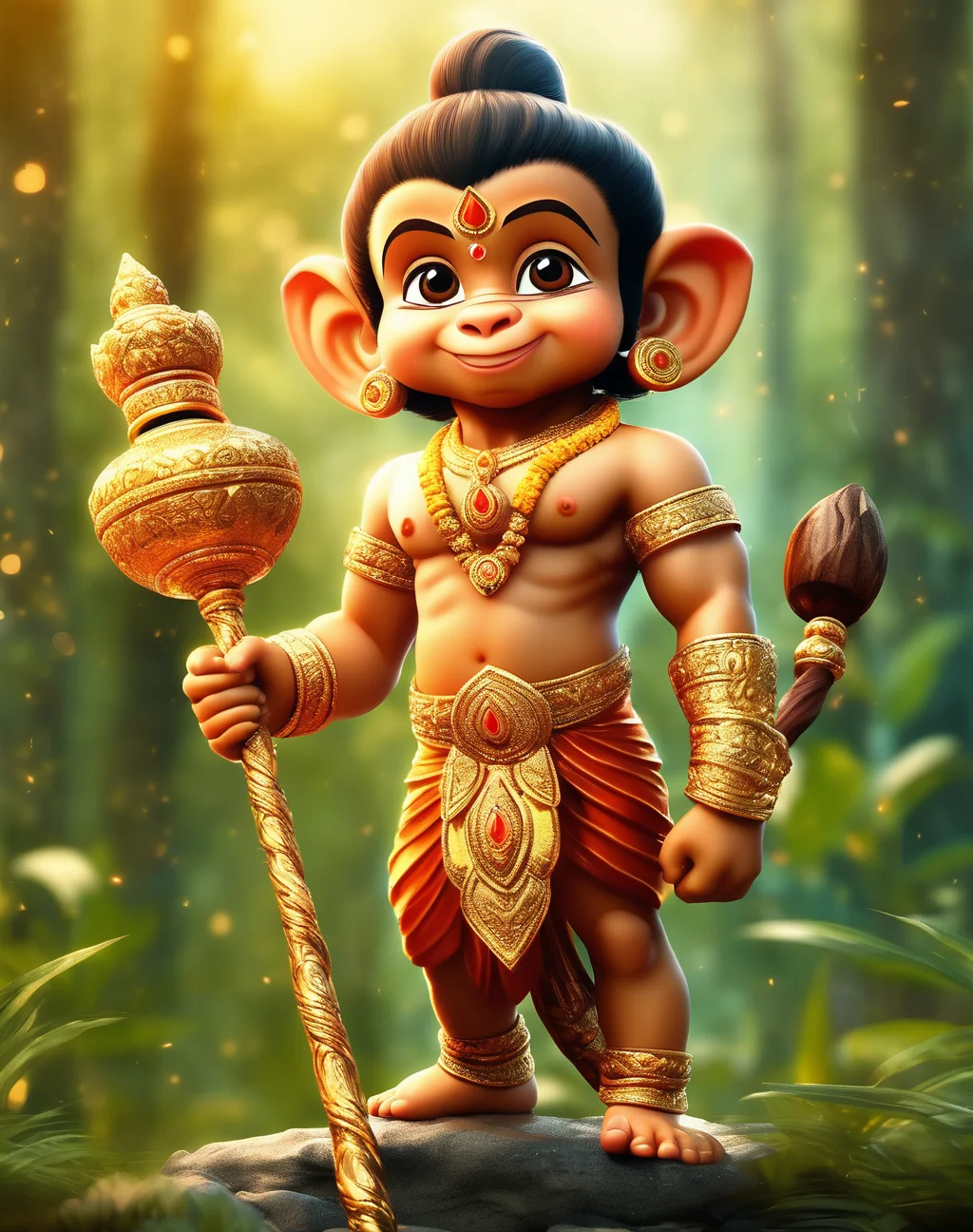 a cute littel lord Hanuman, holding golden mace in one hand, highly detailed digital painting,standing on a ground forest background soft bokeh, perfect feet , perfect hand, cgstudio, a digital painting, fantasy art
