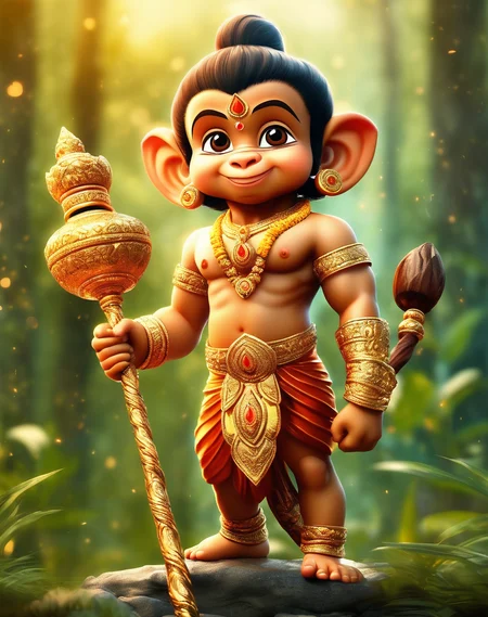 a cute littel lord Hanuman, holding golden mace in one hand,  highly detailed digital painting,standing on a ground forest background soft bokeh, perfect feet , perfect hand,  cgstudio, a digital painting, fantasy art