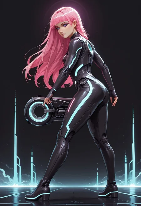 score_9, score_8_up, score_8, masterpiece, best quality, good quality, very aesthetic, absurdres, newest, 8K, depth of field, focused subject, dynamic angle, side view, 1girl,solo, CivChan, android, holofoil glitter, faint, glowing, ethereal, neon hair, glowing hair, long hair, purple eyes, bodysuit, standing looking sweet, stance, coy, sci-fimasterpiece, best quality, good quality, very aesthetic, absurdres, newest, 8K, depth of field, focused subject, dynamic angle, side view, 1girl,solo, CivChan, android, holofoil glitter, faint, (glowing:1.5), ethereal, neon pink hair, glowing hair, long hair, neon purple eyes, looking at viewer, serious, zzCitronLegacy,
Looking like the character Gem from the movie Tron Legacy, black suit with glowing purple circuits, thick thighs, white boots, black eyeliner, mischievous expression, rides a TRON Motorbike, tron, giant bike, with angular Speed trail, in a Neon landscape, towering (geometric) structures, dark with vibrant electric-cyan highlights, cinematic sci-fi lighting, Shot with wide-angle lens, motion blur, ultra-detailed, photorealistic Tron style, black background elements, giant cyan glowing grid across the entire background,