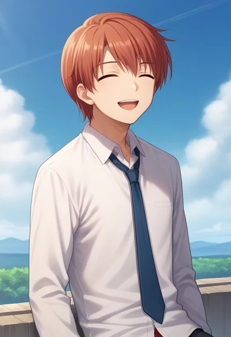 score_9, score_8_up, score_7_up, source_anime, highly detailed,
yuzuru, 1boy, male focus, necktie, solo, sky, open mouth, cloud, day, shirt, outdoors, white shirt, red hair, red eyes, smile, closed eyes,
outdoor, sky, sit,