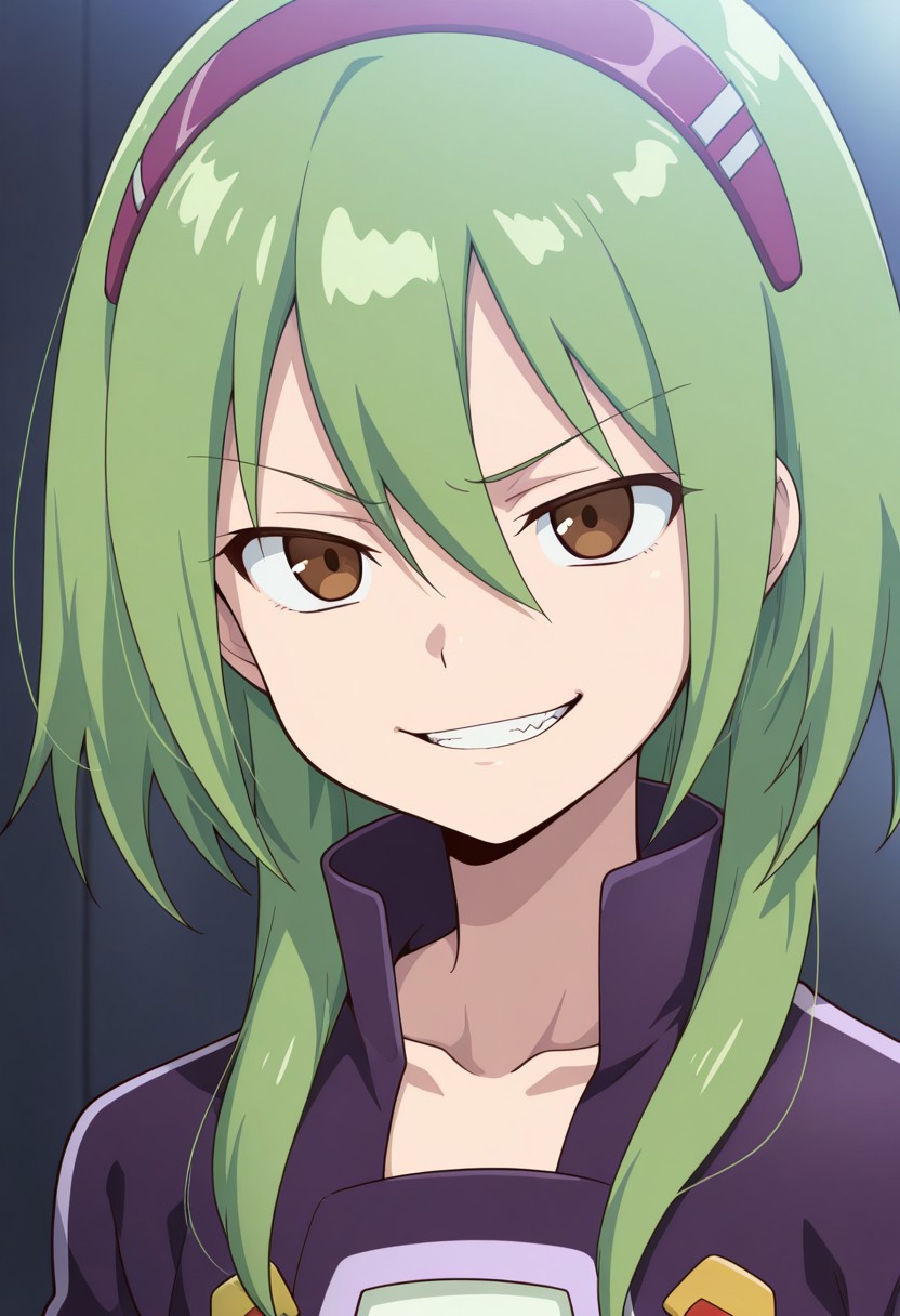 masterpiece,best quality,amazing quality, source_anime, 
FutabaTsukasa, 1boy, male focus, solo, brown eyes, green hair, hairband, collarbone, white shirt, purple jacket, cropped jacket, portrait, evil grin,