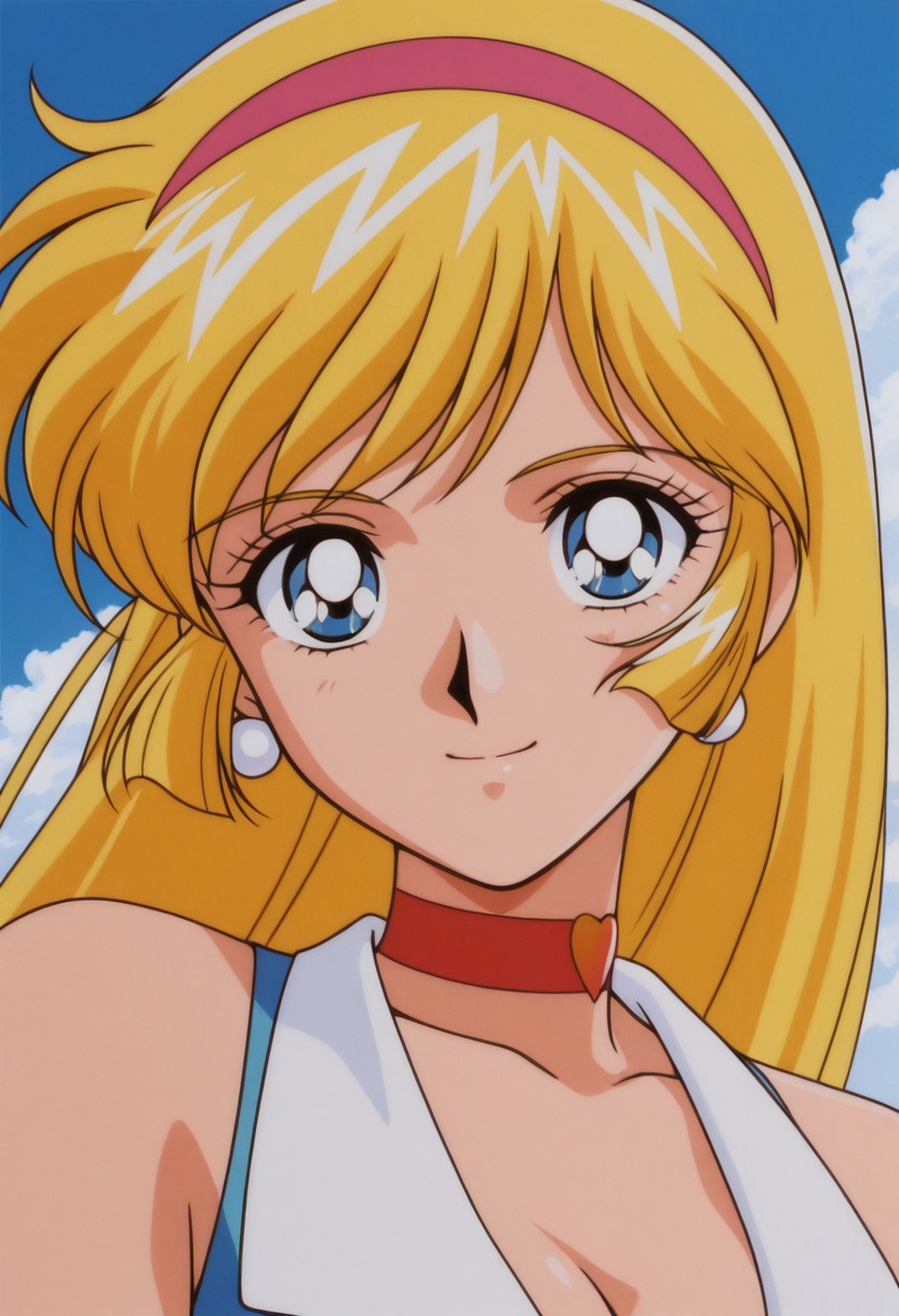 masterpiece, best quality, source_anime,official art,perfect_anatomy,1990s_\(style\),retro_artstyle,1girl,honey_kisaragi,1girl,blonde hair,long hair,hairband,blue eyes,jewelry,earrings,choker,breasts,cleavage,sleeveless,bare shoulders,(beautiful detailed face,looking_at_viewer,smile),portrait,close to viewer,day,blue_sky,cloud,