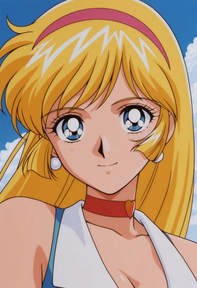 masterpiece, best quality, source_anime,official art,perfect_anatomy,1990s_\(style\),retro_artstyle,1girl,honey_kisaragi,1girl,blonde hair,long hair,hairband,blue eyes,jewelry,earrings,choker,breasts,cleavage,sleeveless,bare shoulders,(beautiful detailed face,looking_at_viewer,smile),portrait,close to viewer,day,blue_sky,cloud,