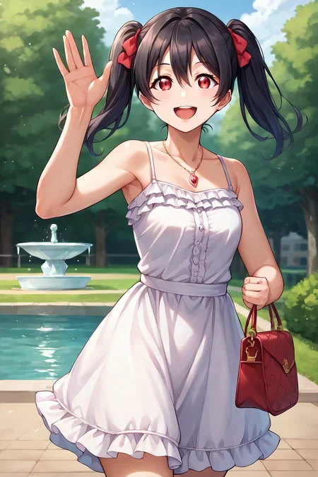 score_9, score_8_up, score_7_up, source_anime BREAK 1girl, solo, lovelive_nico, cowboy shot, frilled dress, camisole dress, no sleeves, handbag, pendant, waving hand, running, 140cm taller, black hair, twintails, hair between eyes, red hairbow, red eyes, looking at you, smile, open mouth, public park, fountain <lora:lovelive_nico:1>