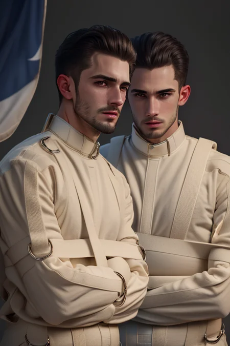 <lora:StraitjacketPsycho_v1:0.9>, 2boys, straitjacket, handsome, 8 k, absurbres, hires, best detail, flag background, biophilic, ray tracing, Chiaroscuro