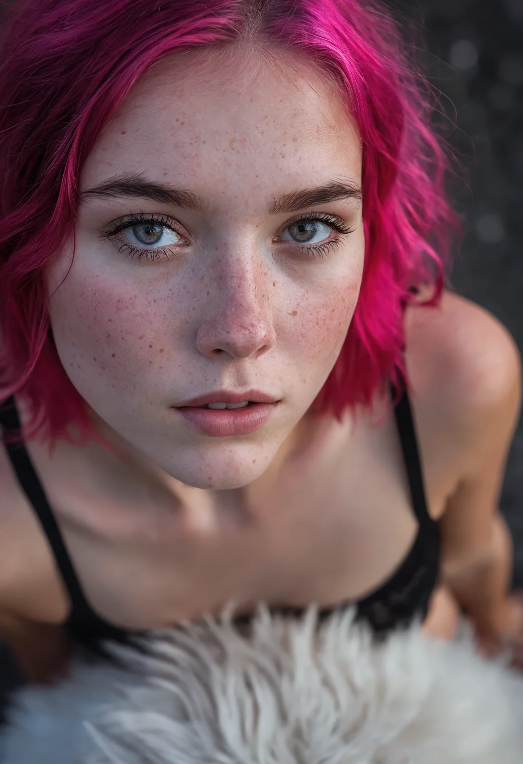 award-winning masterpiece, RAW editorial photo, 1girl, hot pink hair, freckles, 18yo, gorgeous, cute face, cute girl, short fluffy black hair, detailed face, beautiful woman's face, crop top, looking at viewer, ultra realistic, hyper realistic, bokeh background, from above, dynamic composition, engaging narrative, high-quality details, evocative mood, immersive scene, realistic textures, captivating atmosphere