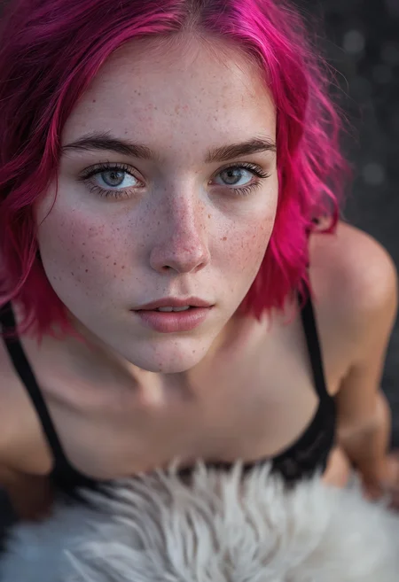 award-winning masterpiece, RAW editorial photo, 1girl, hot pink hair, freckles, 18yo, gorgeous, cute face, cute girl, short fluffy black hair, detailed face, beautiful woman's face, crop top, looking at viewer, ultra realistic, hyper realistic, bokeh background, from above, dynamic composition, engaging narrative, high-quality details, evocative mood, immersive scene, realistic textures, captivating atmosphere