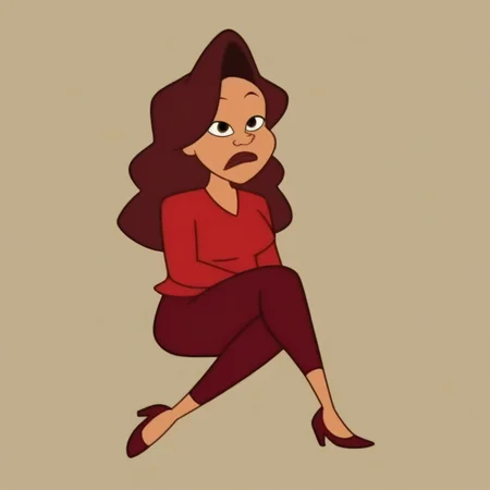1 girl, brown eyes, solo, sunset b, maroon pants, Sunset B, red sweater, red high heels