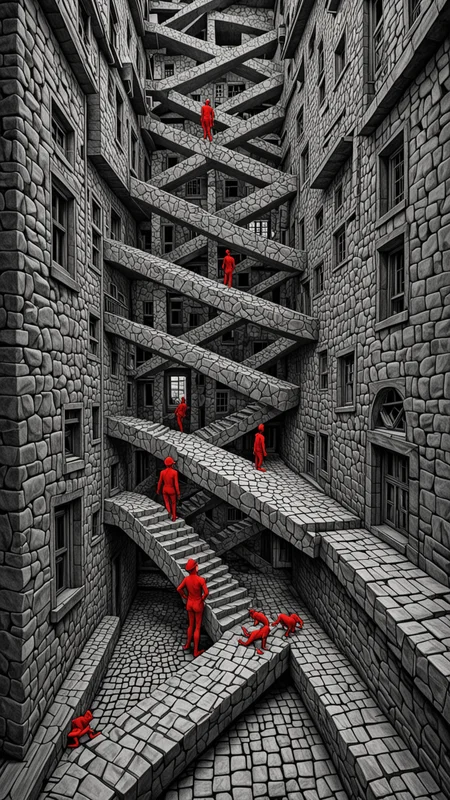 fuse M.C. Escher's geometric optical illusions. Utilize Escher's intricate linework to create fantastical illusions, amplifying the ethereal energy and inviting immersive exploration centered around M.C Escher's captivating optical Illusions. <lora:Black__White_One_Accent_Color_-_By_Dice:1>, (Black and white image, Red Accent)