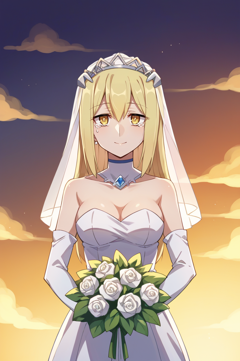 score_9, score_8_up, score_7_up, score_6_up, source_anime, BREAK 1girl, solo  <lora:aiswallenstein-pdxl-nvwls-v1:1> ais wallenstein, wedding veil, wedding dress, frills, elbow gloves, smile, expressionless, holding bouquet, sunset, tears in eyes