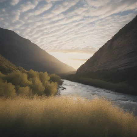 raw, photo, realistic, Movie Still, Film Still, Cinematic, Cinematic Shot, Cinematic Lighting, golden hour, noon, best quality, masterpiece, mountain valley, cliffs, river, wild flora, Cirrocumulus clouds,