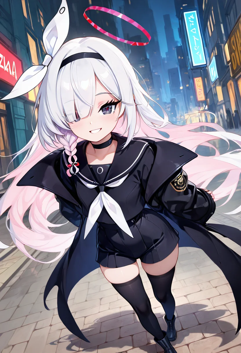 masterpiece, best quality, solo, curvy, beautiful eyes,  narrow waist, wide hips, zzPlana, grey eyes, white hair, bangs, braid, ribbon, halo, hair over one eye, black choker, bow hairband, hairband,  dynamic angle, foreshortening, close up, smile, looking at viewer,   ,       <lora:PlanaBlueArchiveIXL:1.0>, [Edgy Neon Night Out], Leather jacket, pink shirt, short shorts, fishnet stockings, combat boots, Walking confidently through neon-lit city streets, reflections shimmering on wet pavement under nightlife buzz.