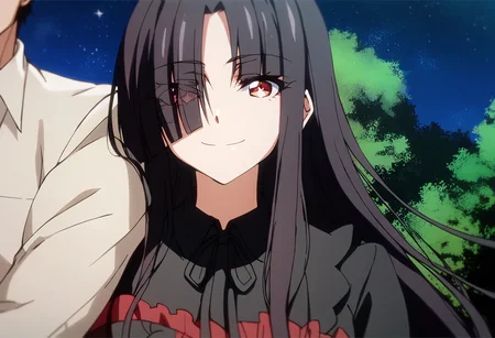 score_9, score_8_up, score_7_up, source_anime, 1girl, solo, <lora:ouyang xueli v2:1>, long hair, smile, bangs, black hair, red eyes, 1boy, dress, ribbon, closed mouth, upper body, outdoors, frills, sky, solo focus, blunt bangs, hair over one eye, looking at another, tree, parted bangs, neck ribbon, eyes visible through hair, star \(sky\), night sky, out of frame, arm hug