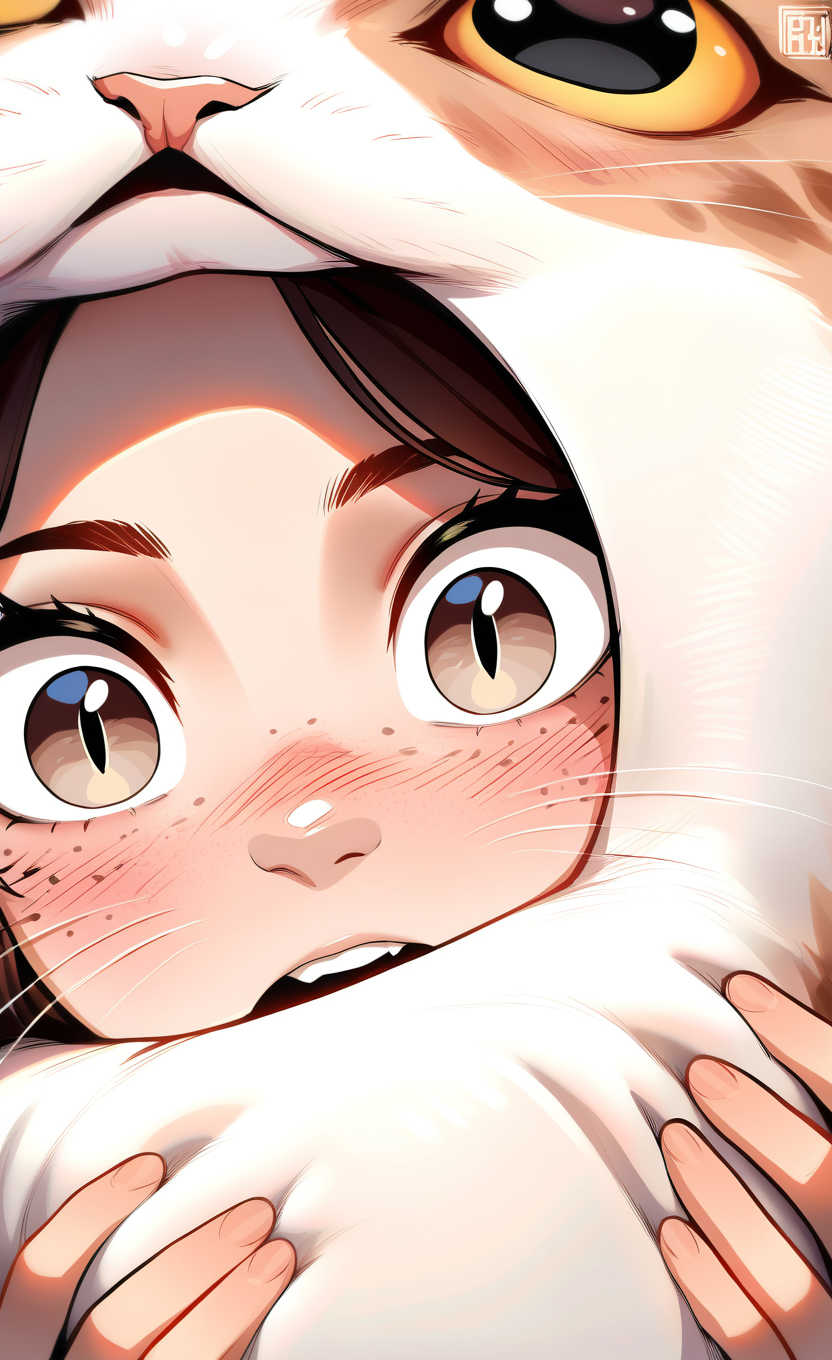 masterpiece, best quality, good quality, very aesthetic, absurdres, newest,  1girl, solo, open_mouth, brown_hair, holding, brown_eyes, teeth, grey_eyes, nose_blush, watermark, animal, cat, portrait, slit_pupils, surprised, close-up, freckles, wide-eyed, covered_mouth, straight-on, holding_animal, whiskers, holding_cat, eye_focus, animal_hug, looking_at_viewer <lora:ponyv5_noobE11_1_adamW-000013:0.8> <lora:style_nyanmix_styleXLIllustrious001:0.3> <lora:MeMaXL4:0.7>